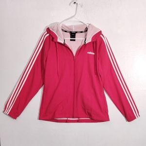 Adidas Essentials 3 Stripes Womens Pink Full Zip Hooded Windbreaker Medium EUC